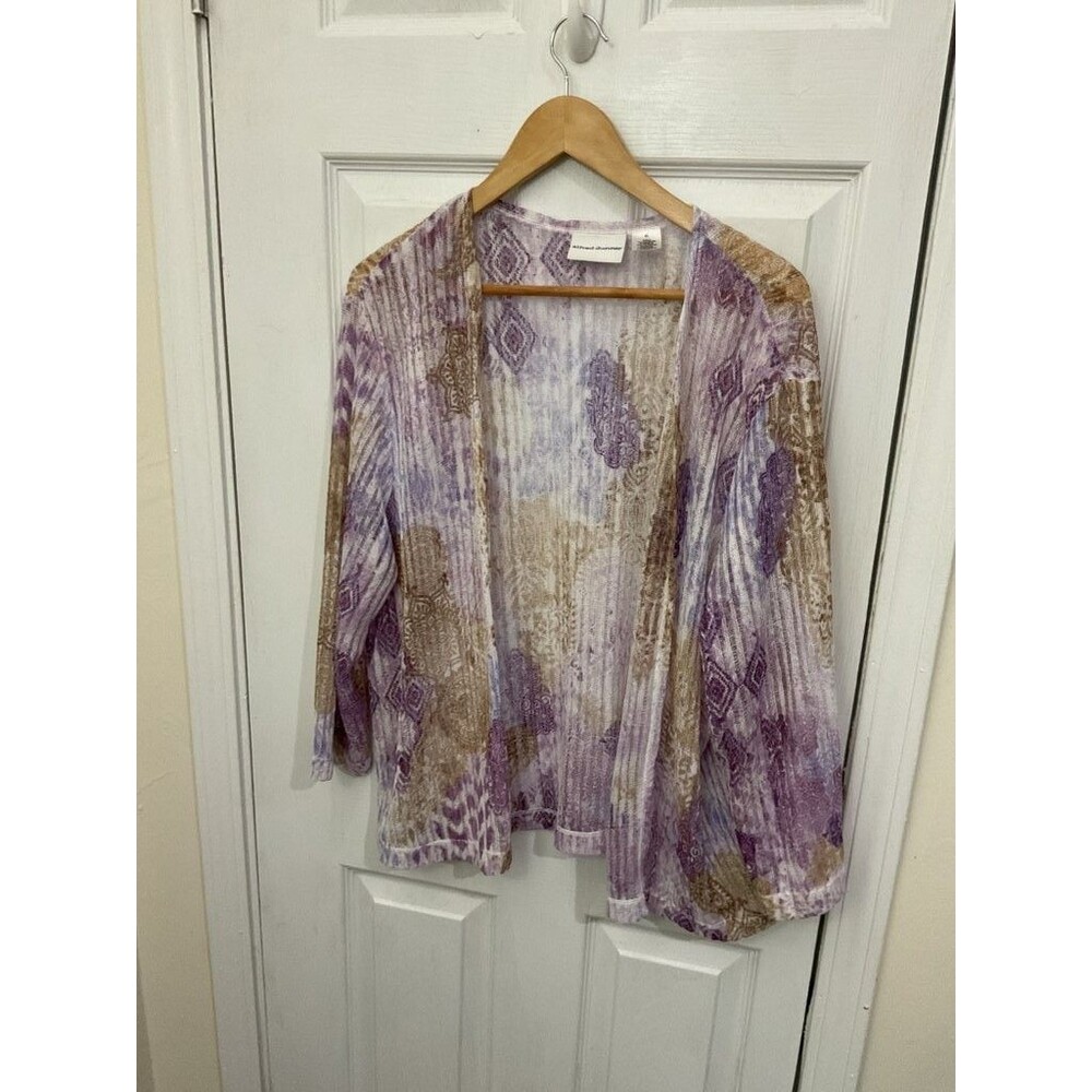 Alfred Dunner XL Sheer Textured Open Front Cardigan Purple Tan Boho Print